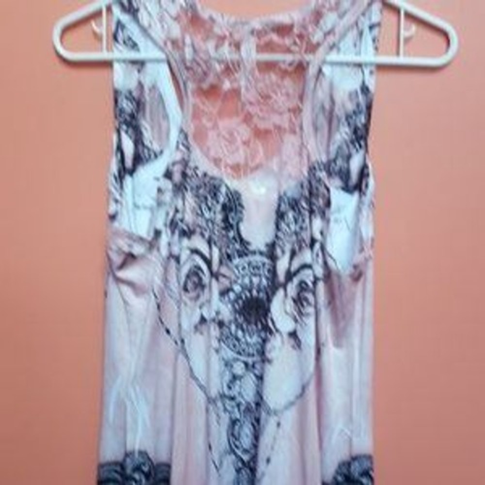 Pretty Angel BOHO Tank Dress Womens L Pink Paisley Lace Back Rhinestone Uneven - Picture 6 of 8
